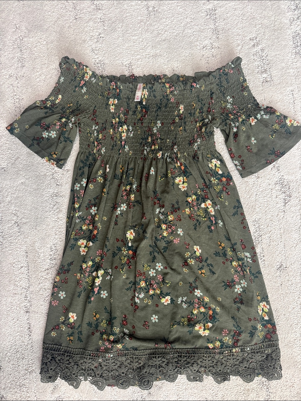 Xhilaration Olive Green Floral Off-Shoulder Smocked Mini Dress